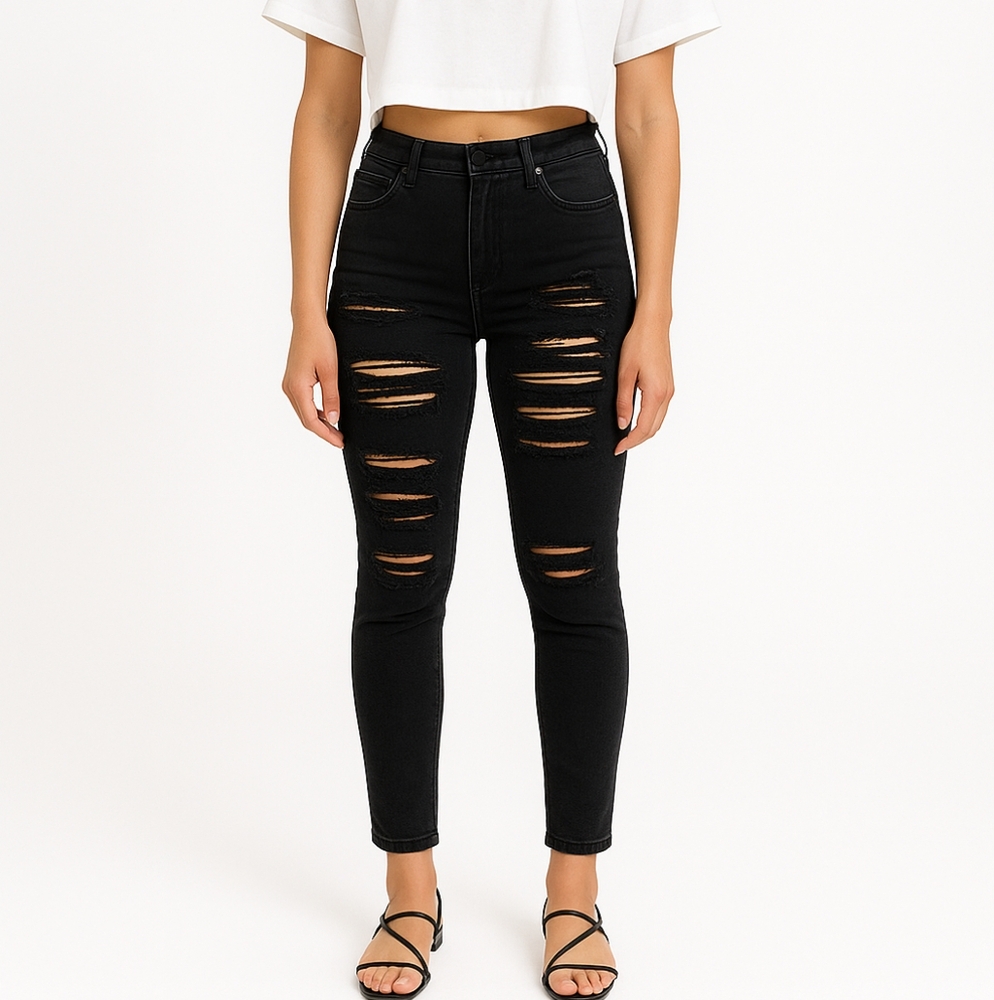 AGOLDE Sz 25 Black High Rise Skinny Jeans Ripped Stretch Denim Distressed Grunge - Picture 1 of 12